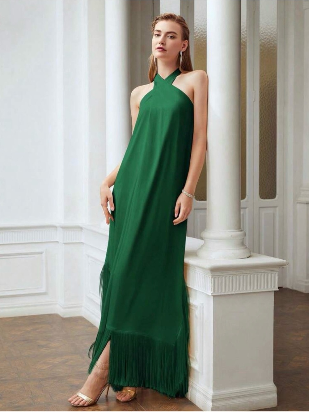 Elegant Green Halter Fringe Evening Dress